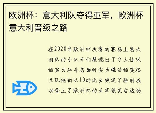 欧洲杯：意大利队夺得亚军，欧洲杯意大利晋级之路