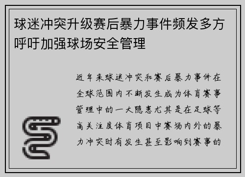 球迷冲突升级赛后暴力事件频发多方呼吁加强球场安全管理