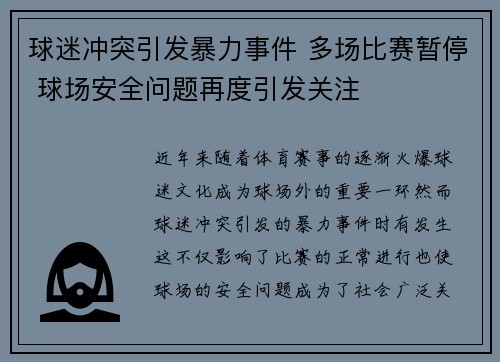 球迷冲突引发暴力事件 多场比赛暂停 球场安全问题再度引发关注